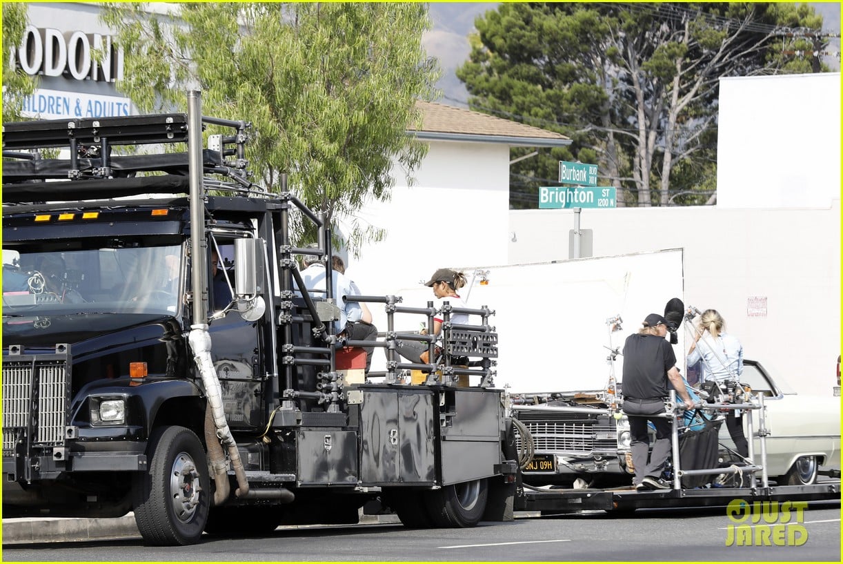 Brad Pitt Films a Car Scene for 'Once Upon a Time in Hollywood' in