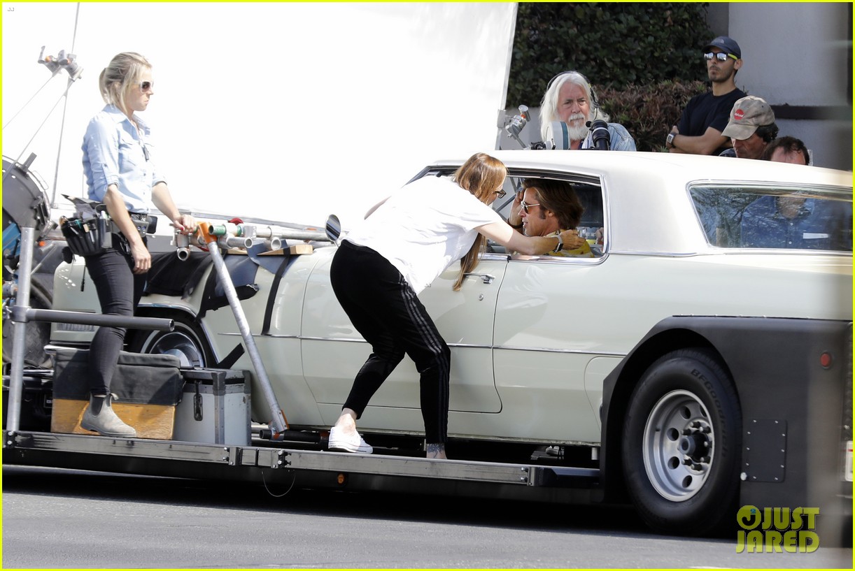 Brad Pitt Films a Car Scene for 'Once Upon a Time in Hollywood' in