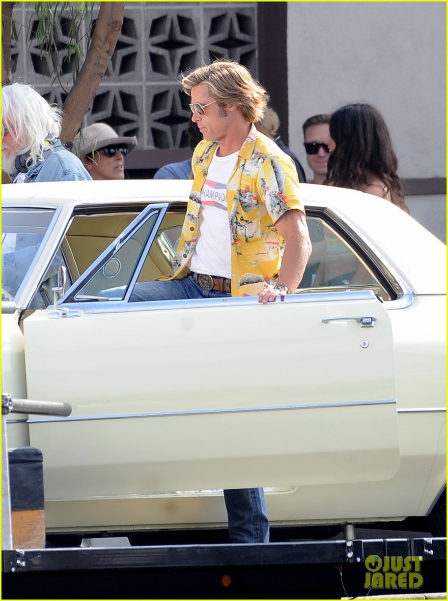 Brad Pitt Films a Car Scene for 'Once Upon a Time in Hollywood' in