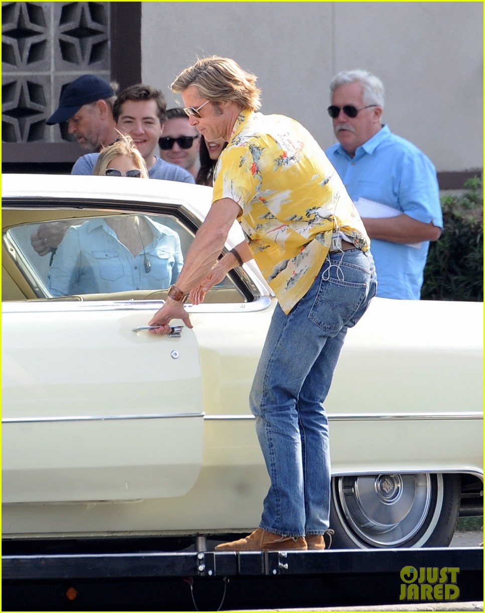 Brad Pitt Films a Car Scene for 'Once Upon a Time in Hollywood' in
