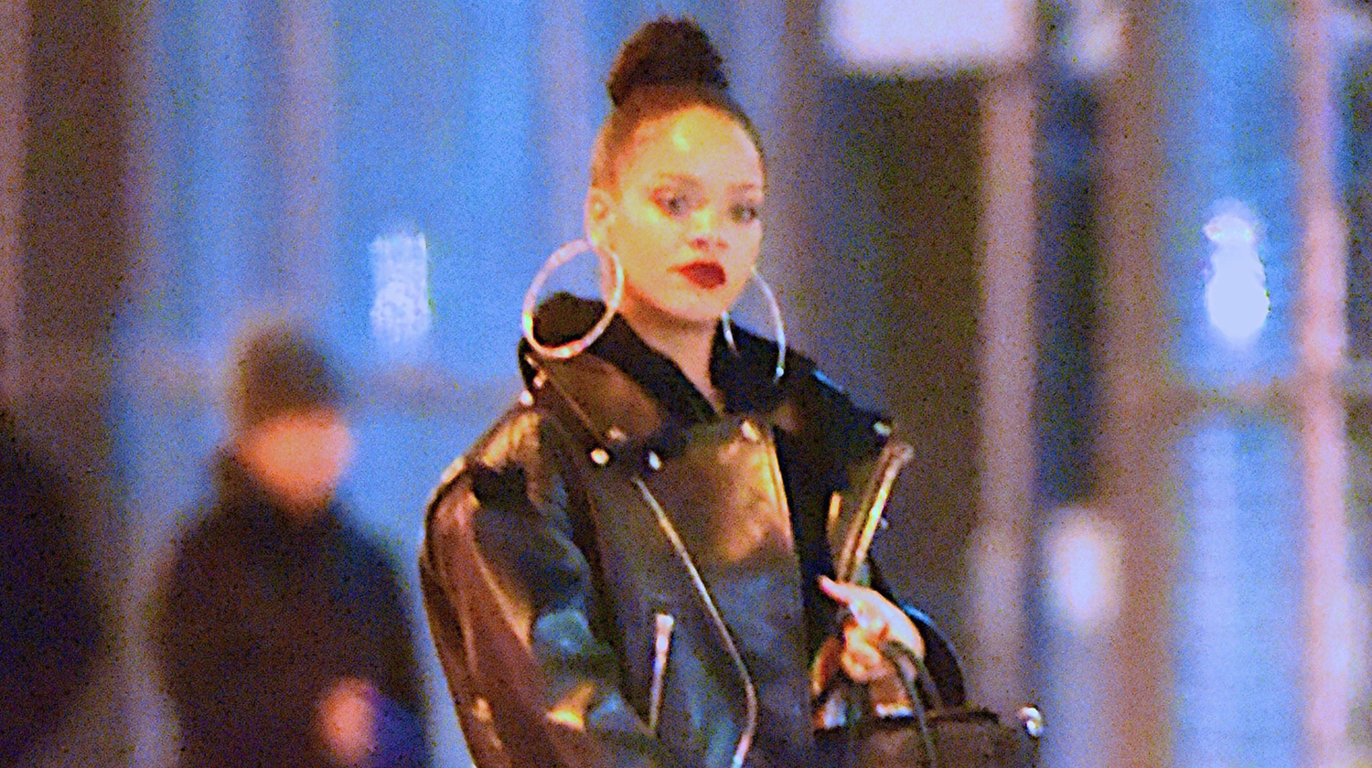 Rihanna Wears Giant Hoop Earrings with Her Leather Jacket!